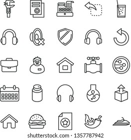 thin line vector icon set - counterclockwise vector, silent mode, powder, house, dwelling, headphones, suitcase, unpacking, move left, burger, chili, a glass of soda, valve, caliper, calendar, flask