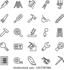 thin line vector icon set - repair key vector, graphite pencil, zoom, new abacus, electronic thermometer e, winch hook, adjustable wrench, hand saw, measuring tape, stepladder, ladder, drawing, core