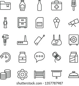 thin line vector icon set - first aid kit vector, bedside table, folder bookmark, baby cot, cogwheel, hawser, speech, strongbox, package, coins, bottle of soda, popsicle, cone, jar jam, SIM card
