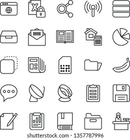 thin line vector icon set - vector e, estimate, received letter, speech, book, folder, drawer, notes, copy, banana, satellite dish, SIM, connections, statistical report, pie charts, morning paper