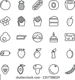 thin line vector icon set - sausage vector, piece of cheese, Hot Dog, mushroom, cake, slice, birthday, glazed with a hole, French fries, fried potato slices, popcorn, egg, strawberry, orange, quince
