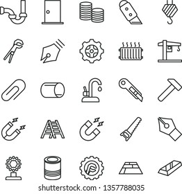 thin line vector icon set - clip vector, crane, hook, adjustable wrench, hand saw, ladder, sewerage, ntrance door, star gear, knife, stationery, paving slab, kitchen faucet, hammer, tin, magnet, cup