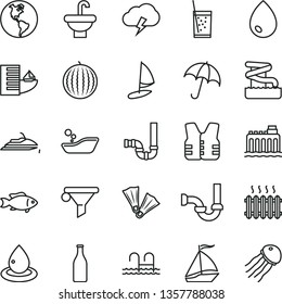 thin line vector icon set - children's bathroom vector, washbasin, siphon, sewerage, drop, umbrella, storm cloud, fish, a glass of soda, water melon, planet Earth, hydroelectricity, oil, bottle