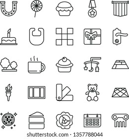 thin line vector icon set - toys over the cradle vector, bib, teddy bear, cake, window frame, color samples, door knob, tile, paving slab, pavement, muffin, piece of, lollipop, cup tea, squash, luck