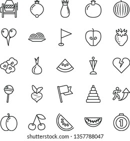 thin line vector icon set - pennant vector, stacking toy, colored air balloons, concrete mixer, broken heart, flag, onion, Chupa Chups, popcorn, cherry, apple, pomegranate, tasty, strawberry, medlar