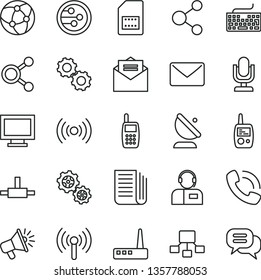 thin line vector icon set - desktop microphone vector, monitor window, keyboard, toy mobile phone, received letter, operator, gears, satellite antenna, SIM card, connection, connections, loudspeaker