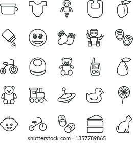 thin line vector icon set - baby powder vector, bib, Child T shirt, duckling, warm socks, toy mobile phone, children's potty, teddy bear, small, hairdo, train, yule, bicycle, tricycle, piece of cake