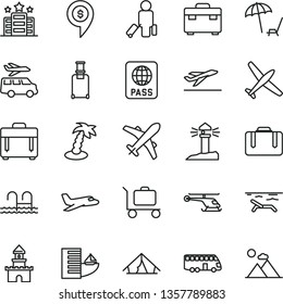thin line vector icon set - suitcase vector, case, passport, coastal lighthouse, sand castle, helicopter, dollar pin, plane, bus, passenger, rolling, departure, hotel, tent, beach, palm tree, pool