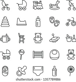 thin line vector icon set - baby cot vector, dummy, mug for feeding, bottle, measuring, diaper, bib, stroller, carriage, summer, sitting, stacking rings, roly poly doll, toy sand set, potty chair