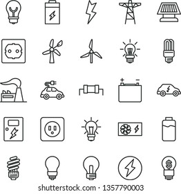 thin line vector icon set - incandescent lamp vector, saving light bulb, power socket type b, f, lightning, dangers, charge level, charging battery, windmill, wind energy, factory, accumulator, pole