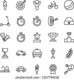 thin line vector icon set - stopwatch vector, bath ball, motor vehicle, child Kick scooter, warm hat, timer, car, retro, flame torch, winner, laurel branch, podium, prize, gold cup, star reward