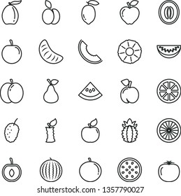 thin line vector icon set - apple vector, pear, peach, apricot, red, tasty mulberry, water melon, slice of, loquat, half, tangerine, plum, cherry, lemon, juicy, passion fruit, orange, ripe pineapple