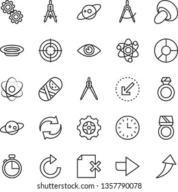 thin line vector icon set - right direction vector, renewal, clockwise, tumbler, left bottom arrow, eye, timer, delete page, porcini, plate, gear, scribed compasses, Measuring, ring diagram, atom