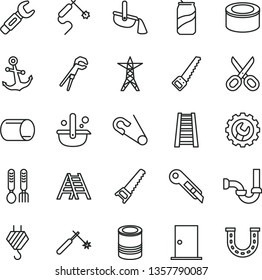 thin line vector icon set - scissors vector, open pin, iron fork spoons, hook, adjustable wrench, hand saw, arm, stepladder, ladder, sewerage, ntrance door, gear, stationery knife, anchor, tin, pipe