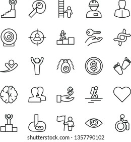 thin line vector icon set - women vector, children's tracks, workman, heart, eye, lens, woman, man in sight, dollar, get a wage, dna, brain, bactery, artifical insimination, winner podium, hands up