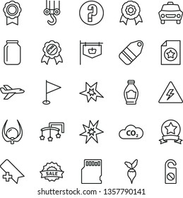thin line vector icon set - danger of electricity vector, add bookmark, pennant, question, toys over the cot, winch hook, car, label, bottle, physalis, radish, CO2, jar, vintage sign, sale, sd card