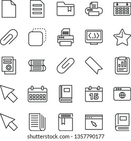 thin line vector icon set - clip vector, bookmark, clean sheet of paper, folder, book, books, calendar, star, copy, statistical report, scientific publication, wall, newspaper, printer, browser