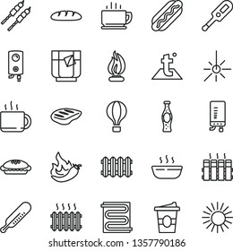thin line vector icon set - electronic thermometer vector e, mercury, heating coil, temperature, radiator, new, boiler, coffee, loaf, Hot Dog, pie, porridge, chop, barbecue, cup of tea, coffe to go