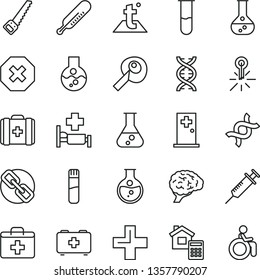 thin line vector icon set - mark of injury vector, spectacles, first aid kit, plus, mercury thermometer, bag a paramedic, medical, arm saw, estimate, temperature, round flask, test tube, dna, brain