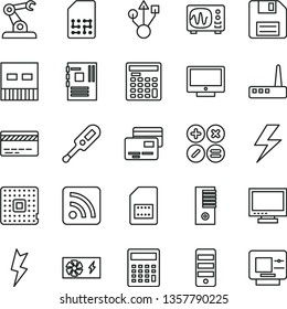 thin line vector icon set - lightning vector, floppy disk, monitor, bank card, calculator, rss feed, electronic thermometer e, screen, cards, math actions, processor, assembly robot, SIM, engineer