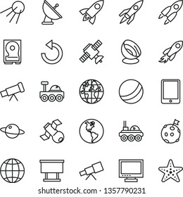 thin line vector icon set - monitor vector, counterclockwise, bath ball, earth, artificial satellite, planet, billboard, space rocket, tablet pc, hdd, telescope, antenna, lunar rover, flag on moon