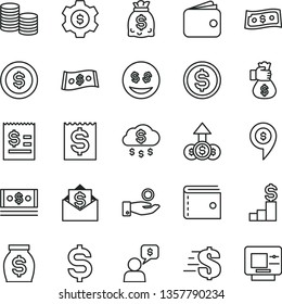 thin line vector icon set - purse vector, dollar, coins, denomination of the, article on, financial item, catch a coin, wallet, money, dollars, cash, bag hand, rain, pedestal, gear, eyes, growth