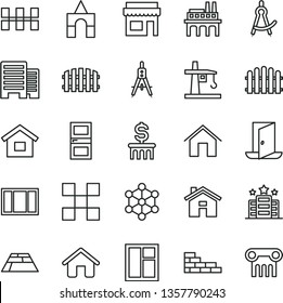 thin line vector icon set - house vector, box of bricks, dwelling, brick wall, window, frame, interroom door, buildings, tile, ceramic tiles, fence, hedge, paving slab, home, industrial enterprise