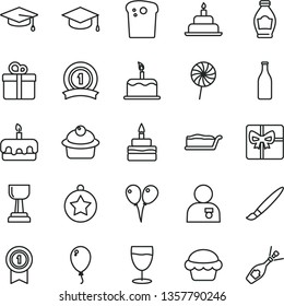 thin line vector icon set - tassel vector, colored air balloons, balloon, birthday cake, gift, square academic hat, Easter, muffin, slice, torte, lollipop, glass, bottle, giftbox, gold cup, graduate
