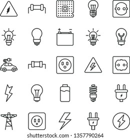 thin line vector icon set - lightning vector, danger of electricity, matte light bulb, power socket type b, f, charge level, accumulator, pole, plug, electric, energy saving, car, processor
