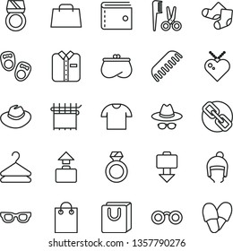 thin line vector icon set - purse vector, spectacles, hat, with glasses, accessories for a hairstyle, comb, Knitted Socks, shoes little children, winter, bag handles, T shirt, folded, hanger, hand