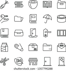 thin line vector icon set - folder vector, open pin, e, books, window frame, door knob, ntrance, received letter, book, umbrella, drawer, cardboard box, 24, package, canned goods, half of coconut