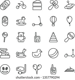 thin line vector icon set - beanbag vector, baby rattle, duckling, bath ball, stacking toy, roly poly doll, tumbler, phone, mobile, small teddy bear, yule, rocking horse, colored air balloons, child