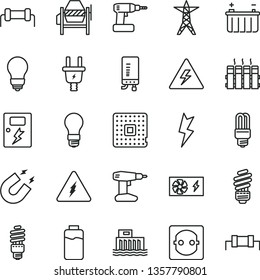 thin line vector icon set - danger of electricity vector, concrete mixer, cordless drill, saving light bulb, lightning, dangers, radiator, electronic boiler, charge level, battery, power line