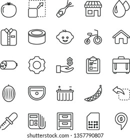 thin line vector icon set - children's hairdo vector, child bicycle, house, sink, case, nightstand, survey, folded shirt, expand picture, move left, sausage, canned goods, melon, persimmon, peas