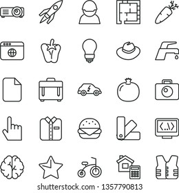 thin line vector icon set - hat vector, child bicycle, color samples, laying out, bulb, estimate, faucet mixer, star, index finger, camera, case, folded shirt, big burger, peper, carrot, pomegranate