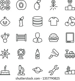 thin line vector icon set - baby cot vector, funny hairdo, cake, paint roller, employee, globe, T shirt, math actions, planet, burger, liquor, cherry, half apricot, sour lime, apple stub, tablet pc