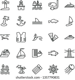 thin line vector icon set - anchor vector, small fish, sea port, commercial seaport, lighthouse, coastal, sand castle, sail boat, hotel, beach, palm tree, flippers, diving mask, surfing, handwheel