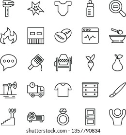 thin line vector icon set - tassel vector, zoom out, chest of drawers, feeding bottle, Child T shirt, deep plate with a spoon, concrete mixer, interroom door, speech, cardiogram, delivery, spaghetti