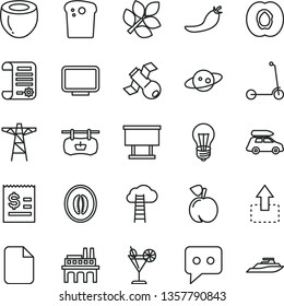 thin line vector icon set - child Kick scooter vector, move up, Easter cake, cocktail, peach, half apricot, melon, of coconut, red pepper, bulb, power pole, industrial enterprise, billboard, think