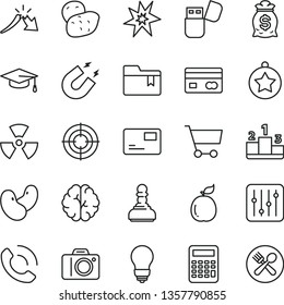 Thin Line Vector Icon Set - Camera Vector, Folder Bookmark, Bulb, Regulator, Pass Card, Phone Call, Pedestal, Guava, Potato, Beans, Cart, Reverse Side Of A Bank, Crisis, Usb Flash, Nuclear, Brain