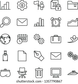 thin line vector icon set - monitor window vector, envelope, alarm clock, clean sheet of paper, negative histogram, folder bookmark, gears, bar chart, purse, encrypting, trash bin, magnifier, chair