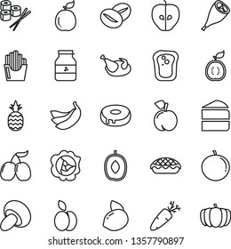 thin line vector icon set - porcini vector, piece of cake, with a hole, apple pie, chicken, grill leg, carrot, coffee beans, fried potato slices, sushi set, jar jam, pineapple, sandwich, peach