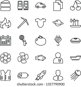 thin line vector icon set - calendar vector, clean paper, t short, bath, hook, employee, planet, sausage, piece of cake, pie, tomato, fish, cherry, fan screw, oil derrick, retro car, space rocket