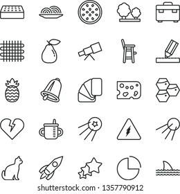 thin line vector icon set - pie chart vector, mug for feeding, a chair child, sample of colour, suitcase, drawing, brick, bell, broken heart, artificial satellite, piece cheese, onion, honeycombs