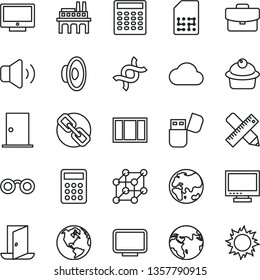 thin line vector icon set - monitor vector, spectacles, loudspeaker, window frame, ntrance door, writing accessories, screen, volume, suitcase, muffin, planet, industrial enterprise, SIM, calculator