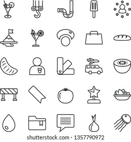 thin line vector icon set - image of thought vector, bookmark, folder, winch hook, color samples, siphon, traffic signal, drop, loaf, a plate fruit, cocktail, popsicle, slice tangerine, kiwi, onion
