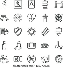 thin line vector icon set - train vector, car baggage, backpacker, airport tower, rope barrier, identity card, passenger, suitcase, rolling, plane ticket, getting, hotel, sun, disco ball, cafe, golf