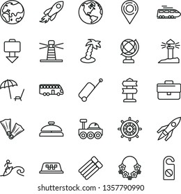 thin line vector icon set - briefcase vector, globe, planet, lighthouse, coastal, location, space rocket, lunar rover, earth, train, bus, taxi, rolling case, getting baggage, arnchair under umbrella
