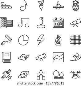 thin line vector icon set - lightning vector, calendar, pie chart, line, box of bricks, brick wall, new roller, city block, pineapple, radish, trees, weaving, connect, note, joystick, telescope