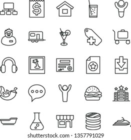 thin line vector icon set - add label vector, download archive data, bath, dwelling, speech, kiosk, burger, chili, a glass of soda, column coins, scheme, financial item, headphones, flask, scientist